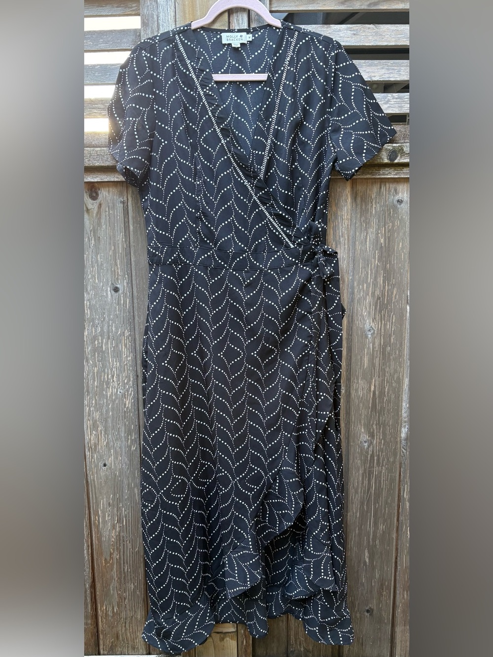 Molly Bracken Black Geometric Dotted Wave Faux-Wrap Midi Dress - Size M